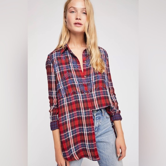 Free People Magical Plaid Buttondown Embroidered Flannel Top - Picture 2 of 11